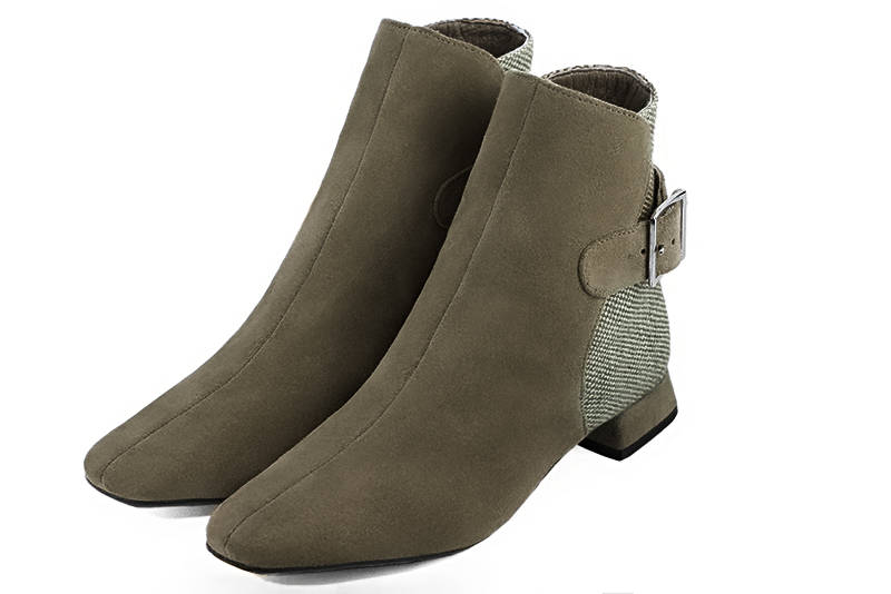 Khaki green women's ankle boots with buckles at the back. Square toe. Flat flare heels. Front view - Florence KOOIJMAN
